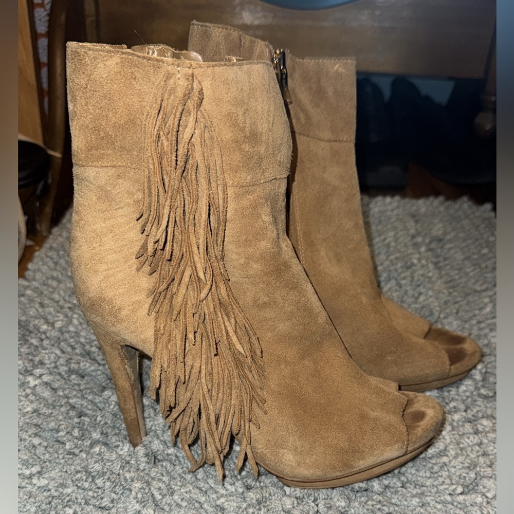 Tan Suede Fringe Ankle Boots